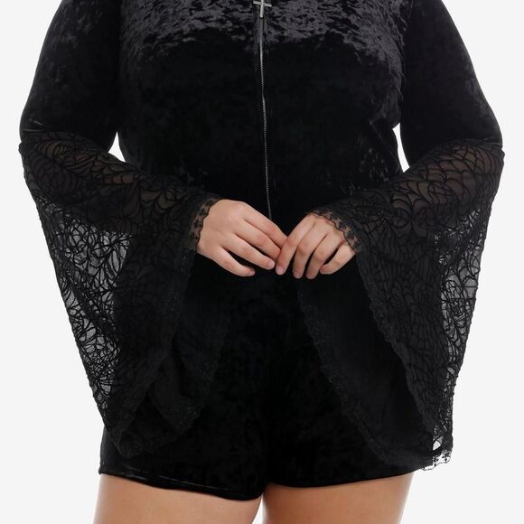 Plus Size Cosmic Aura Witchy Goth Bat Sleeve Black Velvet Gothic Short Romper 26 - Picture 2 of 7
